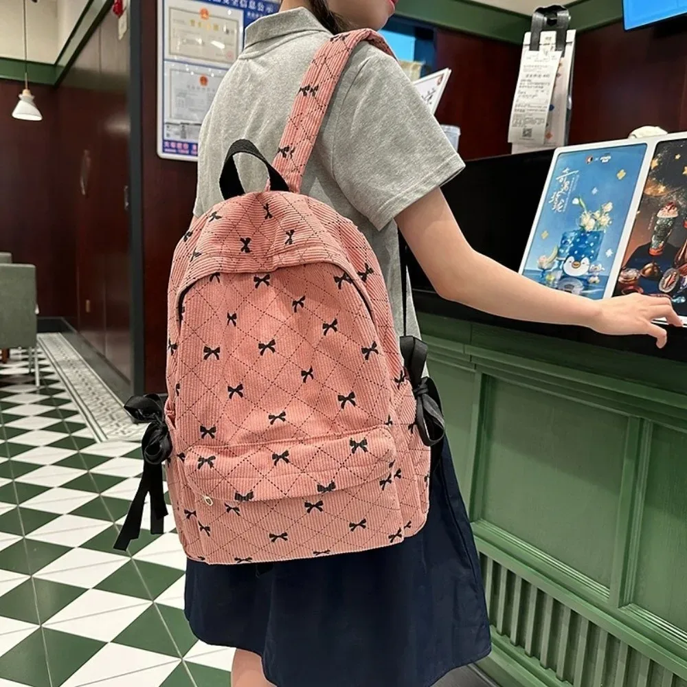 sac à dos en velours côtelé style coréen tendance, grande capacité, bretelles réglables, imprimé nœud, pour étudiants et lycéens