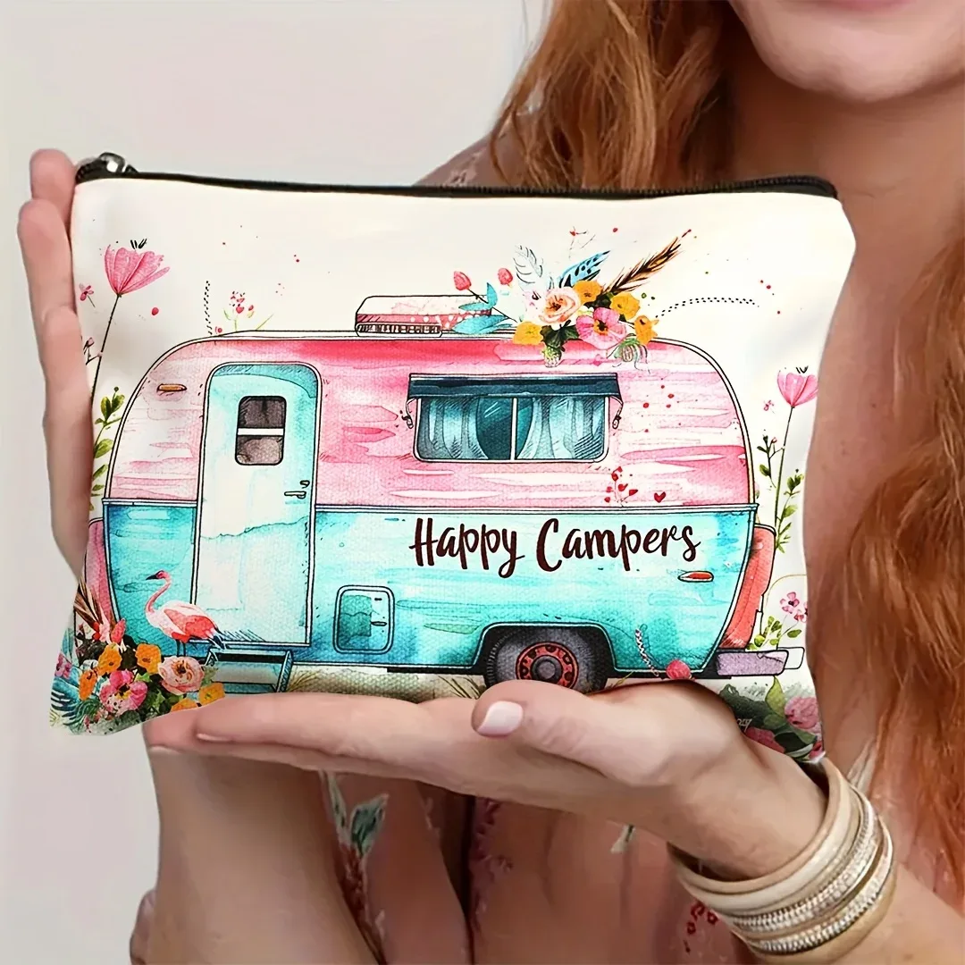 happy camper trousse de maquillage vintage pour remorque de voyage avec accents floraux pochette cosmétique légère en polyester pour voyage et camping