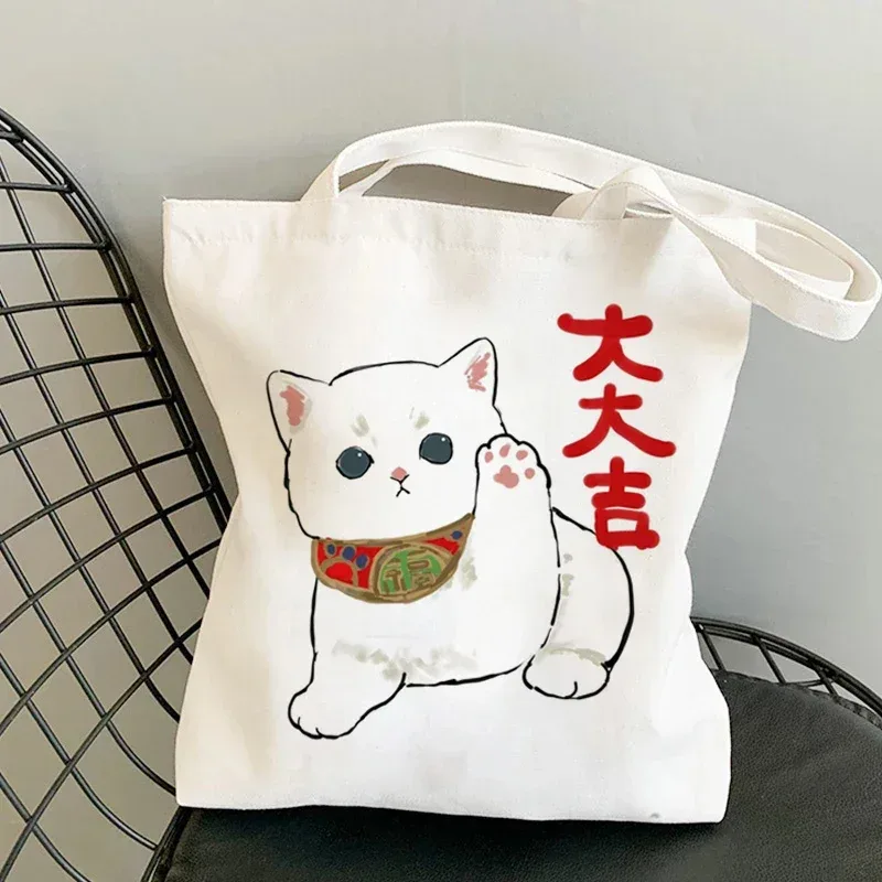 femme sacs à provisions kawaii dessin animé chats amusant sac fourre-tout shopper organisateur décontracté déjeuner sacs à main grande capacité toile sacs à bandoulière