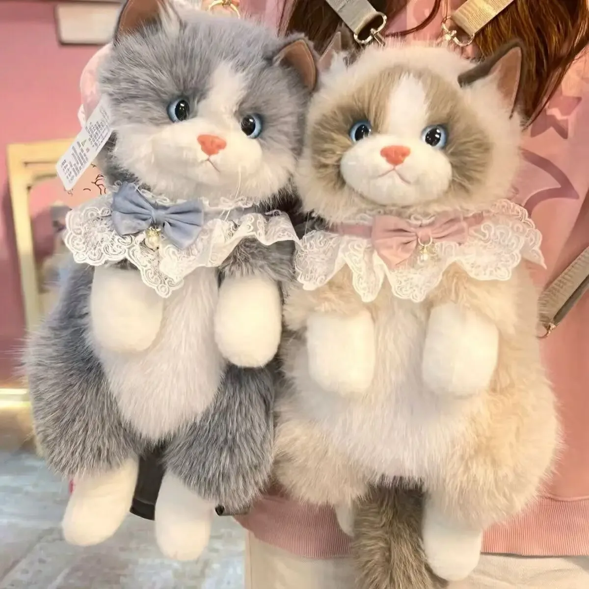 sac à dos chat ragdoll en fausse fourrure mignon pour filles, sac à bandoulière réaliste en peluche chaton avec nœud en dentelle, jouet en peluche doux, cadeau