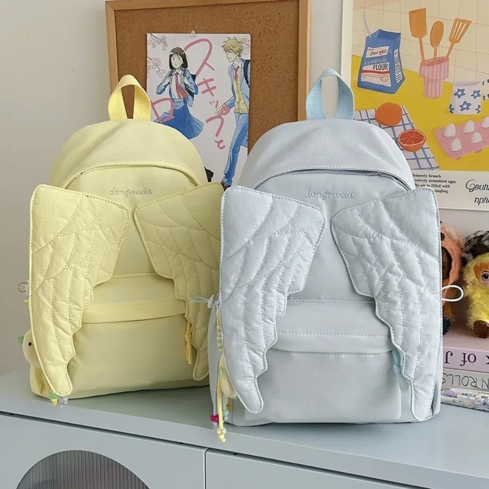 sac à dos polyvalent à ailes d'ange, couleur unie, grande capacité, en nylon, motif brodé, sac à bandoulière léger