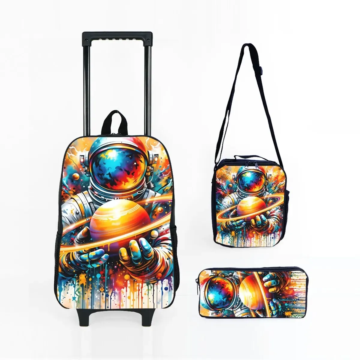 ensemble de sacs à roulettes à imprimé spatial d'astronaute avec boîte à lunch, trousse à crayons, sac à roulettes pour l'école, sac à dos pour fille/garçon