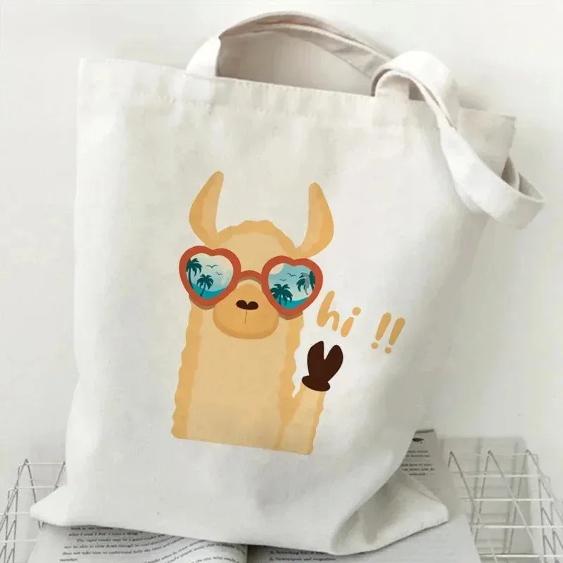 sac à main à motif d'alpaga mignon, imprimé animal de dessin animé, grande capacité, sac de shopping blanc, sac à bandoulière pour femme