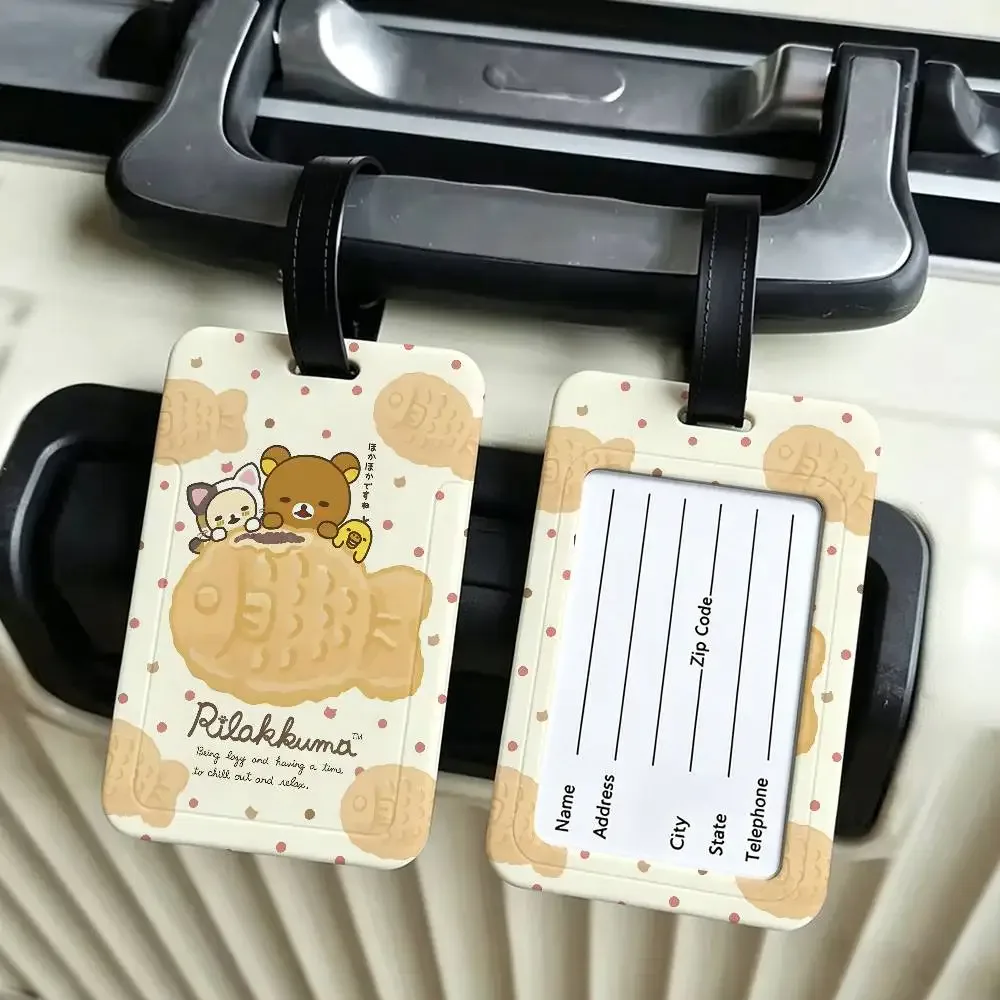 étiquette de bagage de voyage r-rilakkuma mellow-comfy, couverture de carte d'information en pvc, marqueur de nom anti-perte pour sac à dos