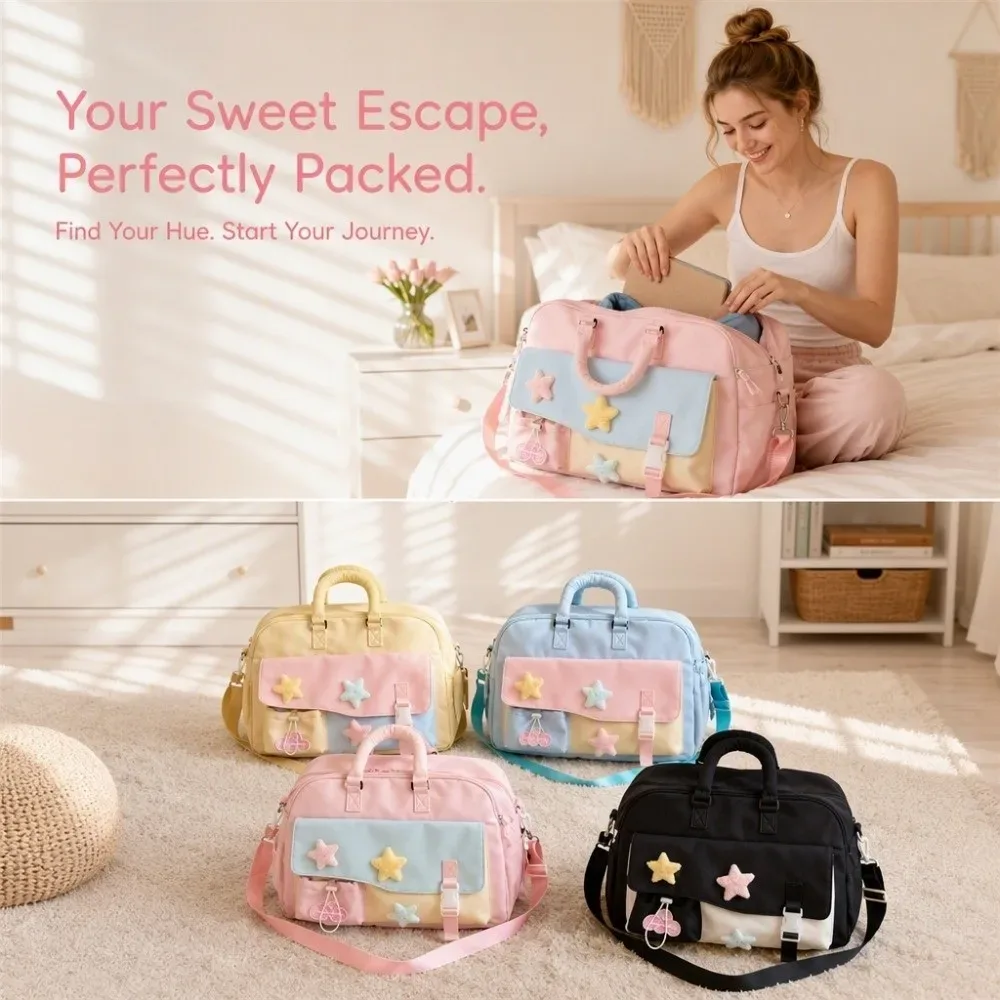 sac de voyage de grande capacité, couleur macaron, sac de sport à bandoulière multi-poches, sac à main portable en polyester, idéal pour les courts séjours.