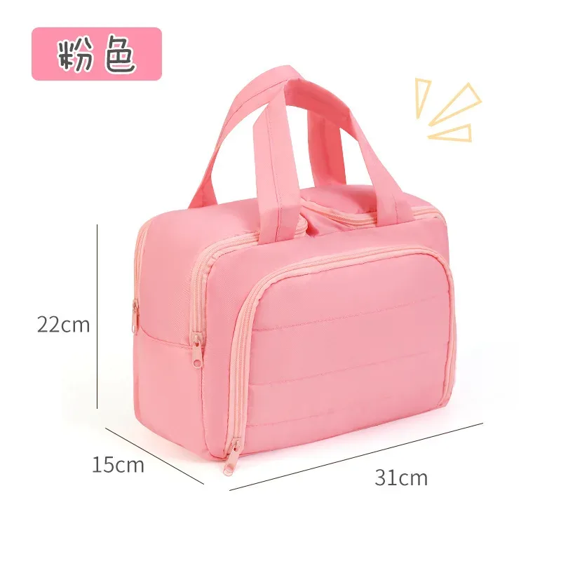 grande trousse de maquillage de voyage 180 °   organisateur de toilette à large ouverture, trousse à cosmétiques rembourrée résistante à l'eau avec poignée pour bouteilles pleines grand format