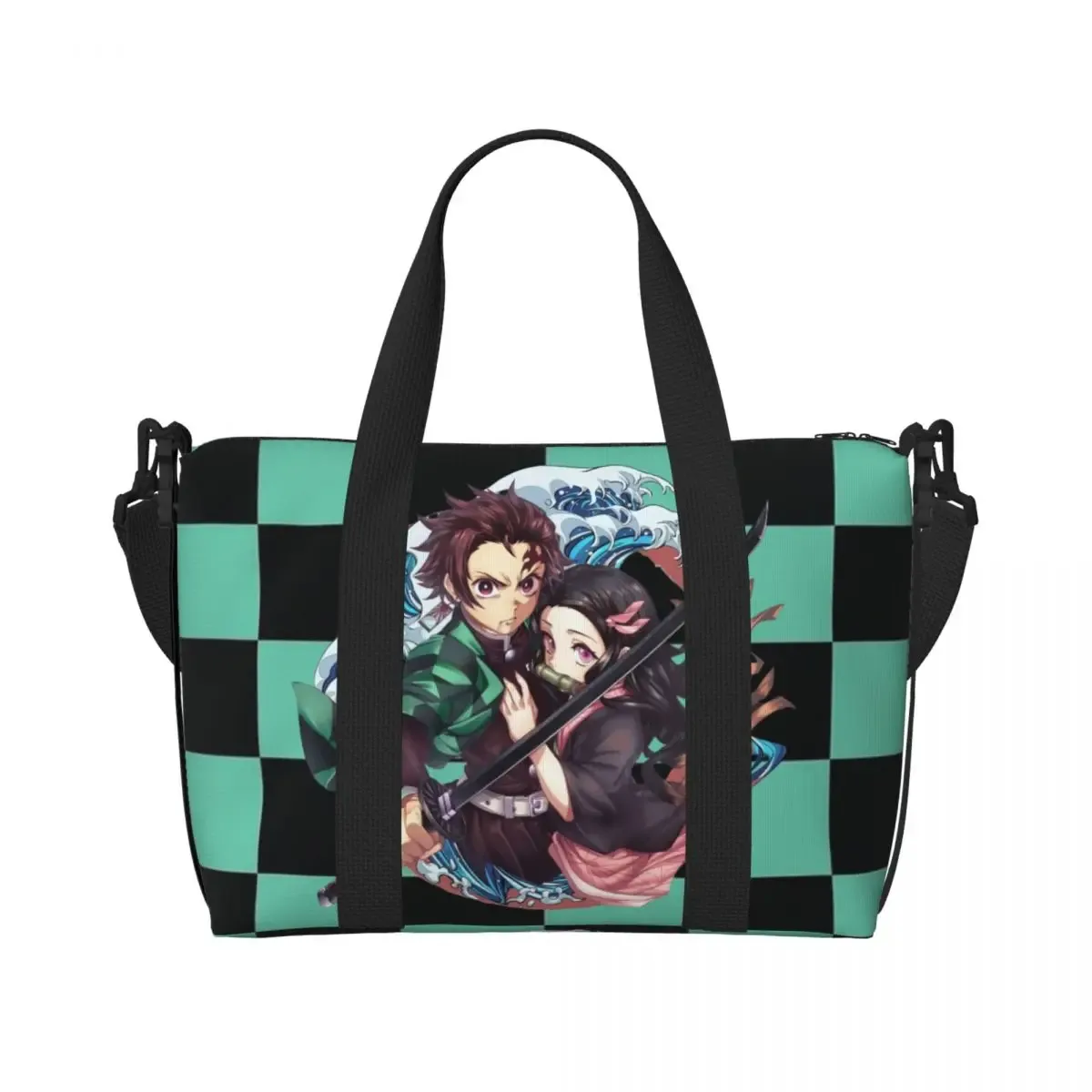 sac fourre-tout de plage personnalisé demons slayers anime manga pour femmes, tanjiro kamado nezuko, grand compartiment, sacs de voyage de plage de gym