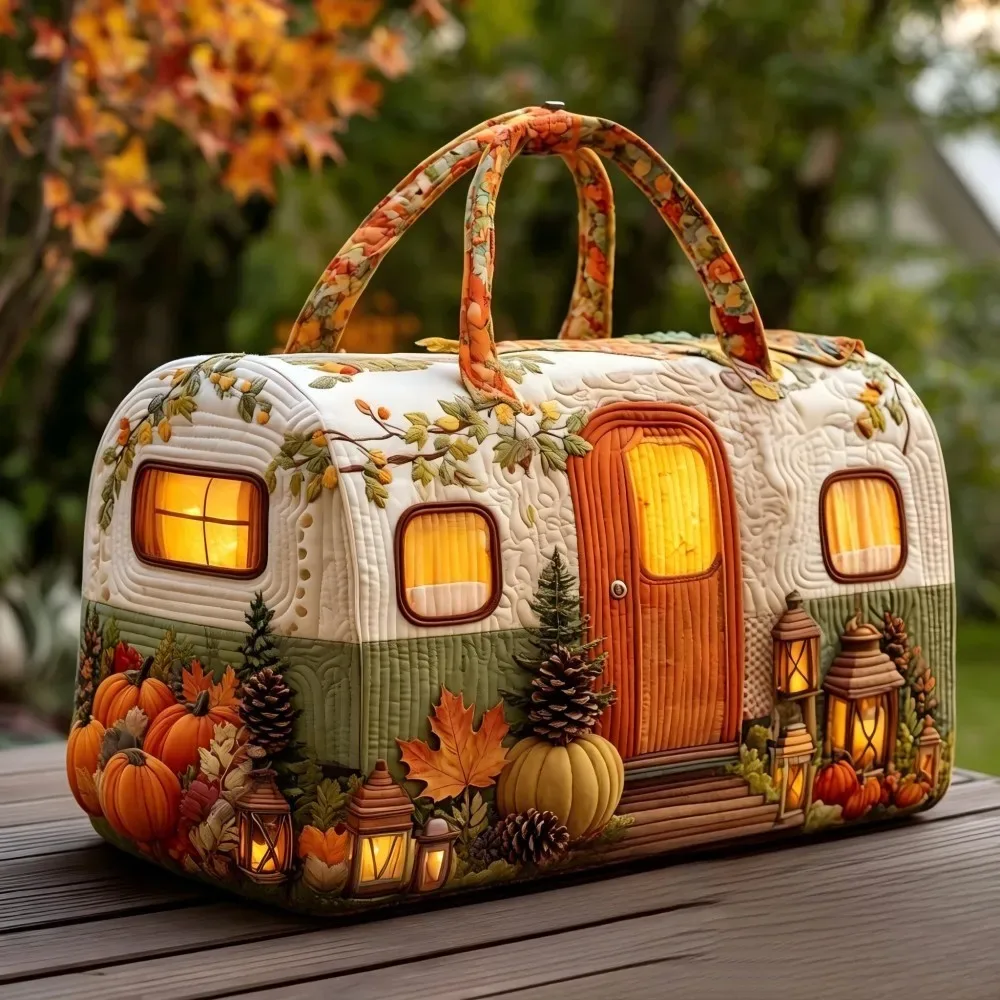 sac à main matelassé vintage de noël pour femme, motif camping-car, broderie 3d neige, citrouille, pin, lanterne, grande capacité, sac de voyage