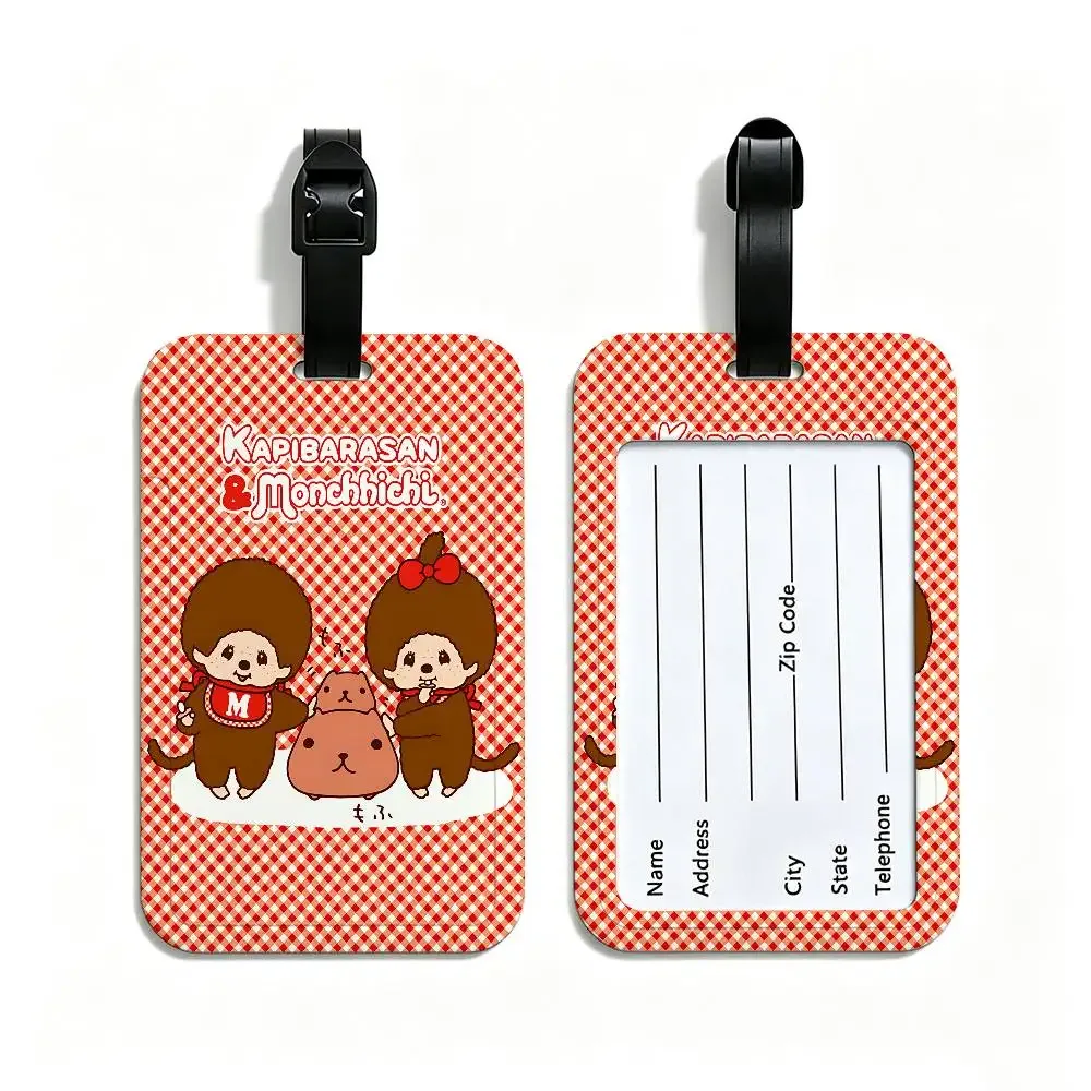 étiquette de bagage de voyage en pvc, motif dessin animé lawaii anime m-monchhichi, avec porte-carte d'informations et marqueur de nom anti-perte pour sac à dos.