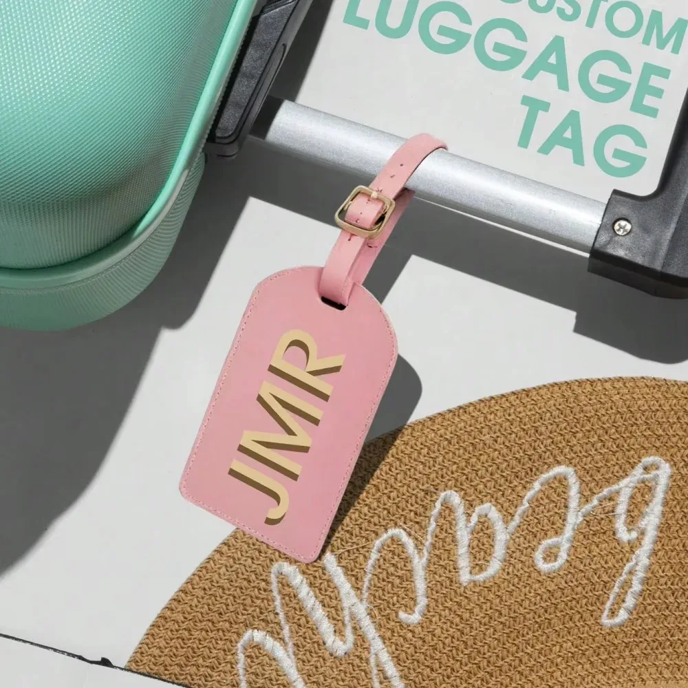 étiquette de bagage personnalisée en cuir pu avec initiales, étiquette d'identification de valise imprimée uv personnalisée, cadeau de voyage pour femmes et hommes