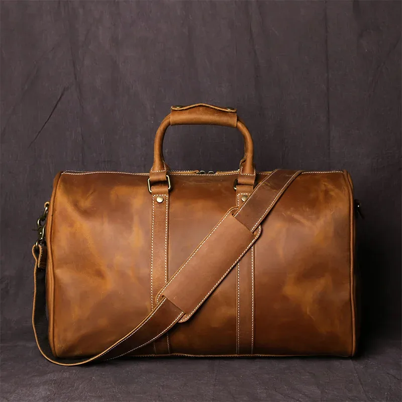 sac de voyage rétro en cuir pour hommes, sac à bagages de grande capacité en cuir de cheval fou, couche supérieure en peau de vache, sac diagonal portable pour hommes nzpj