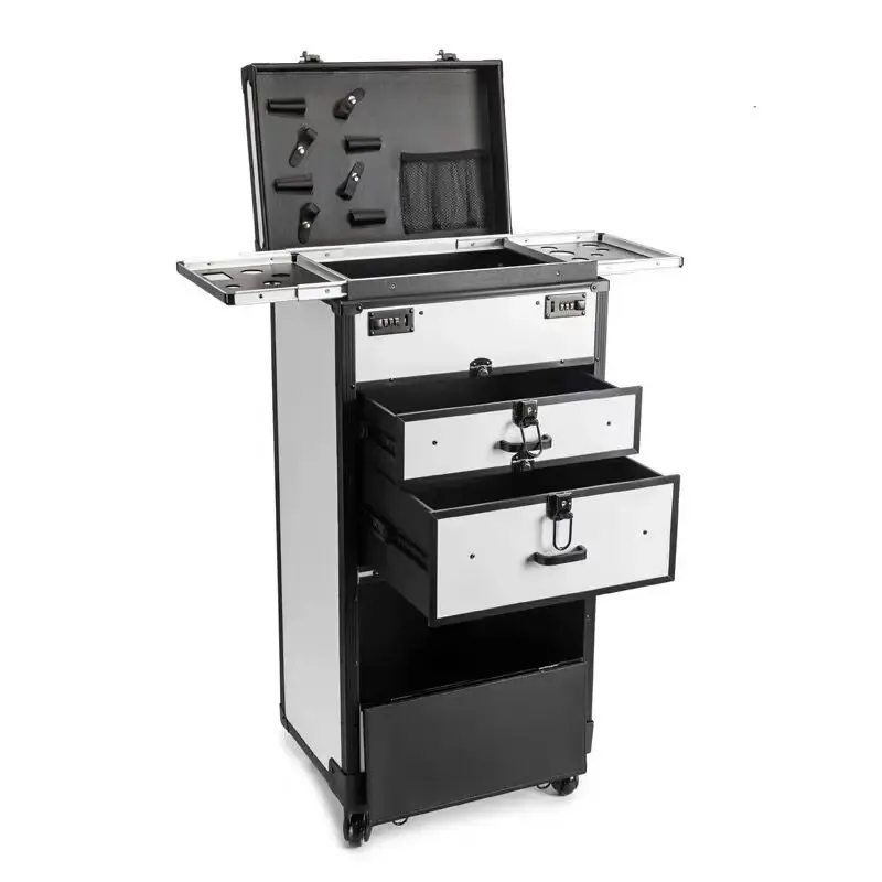 grande valise professionnelle à roulettes pour coiffeur, esthéticienne et maquilleuse, avec serrure à combinaison