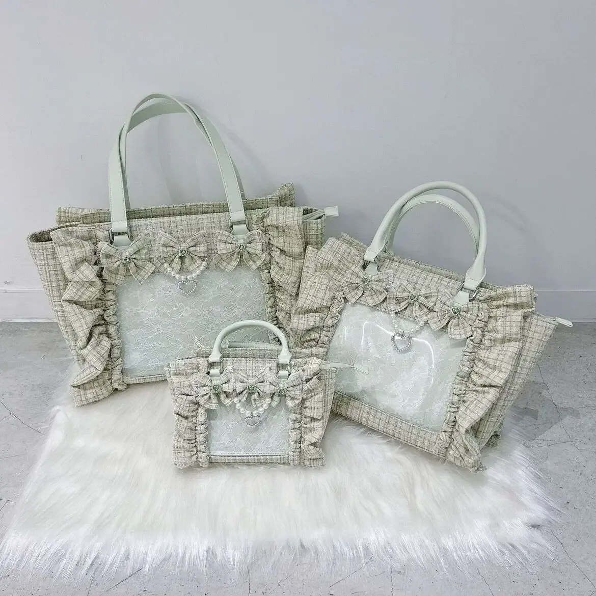 sac à main en dentelle à volants pour femmes et filles, sacoche de style japonais, fourre-tout carré avec nœud papillon en perles, sacs à main portables initiés