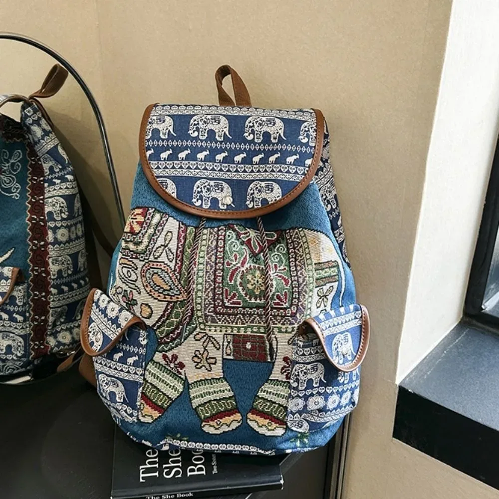 sac à dos décontracté en toile brodé style ethnique jacquard avec motif éléphant et hibou, sac seau à cordon pour la plage