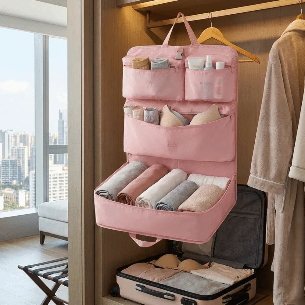 sac de rangement compressible 6-en-1 avec structure suspendue pliable, organisateur portable léger et pliable