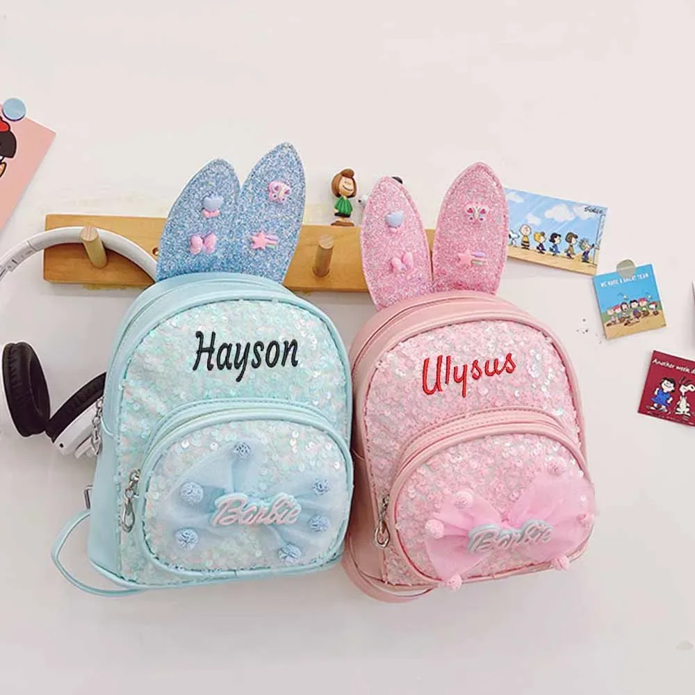 Sac à dos brodé de campus de maternelle, sac de dessin animé de princesse à paillettes, sac à dos d'oreille longue à grand nœud mignon personnalisé, sac de collation d'extérieur