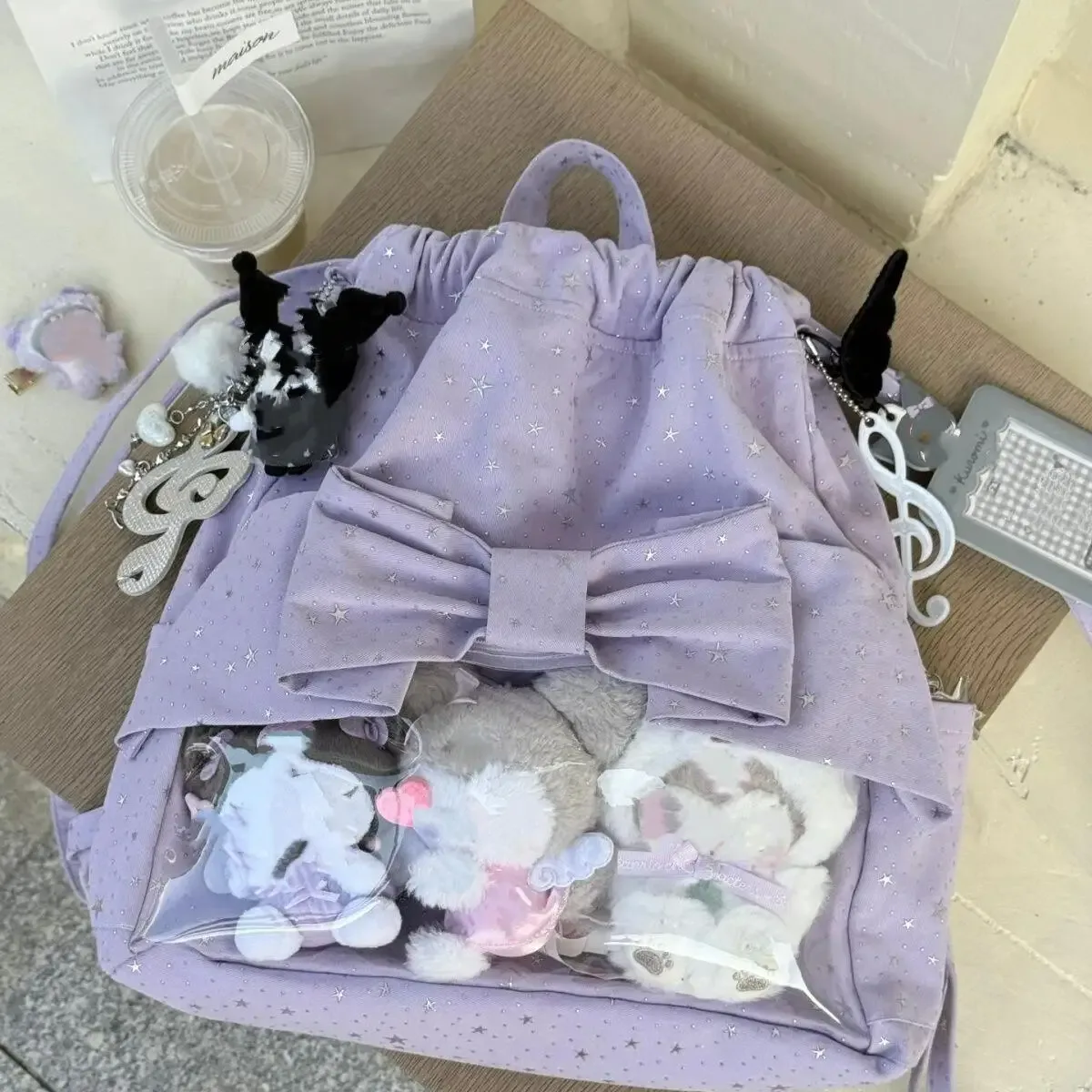 nouveau sac à dos ita y2k avec nœud de ballet et cordon de serrage, sac à dos transparent pour fille mignon, grande capacité, sac à bandoulière à pois étoilés pour présentation de poupées diy