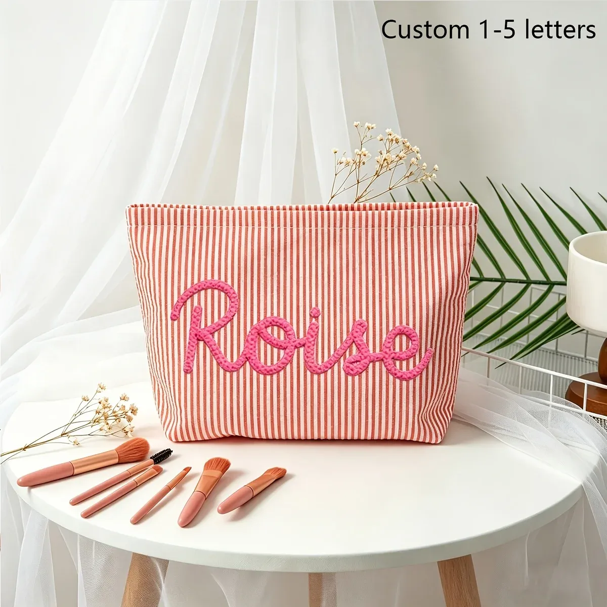 1 pièce trousse de maquillage personnalisable en seersucker rayé, pochette cosmétique de voyage portable, sac de rangement pour la plage d'été, cadeau pour demoiselle d'honneur et petite amie