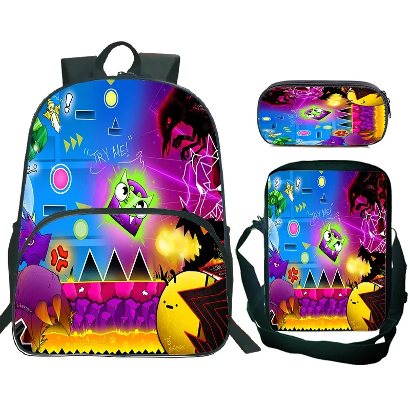 ensemble de 3 sacs à dos cartoon geometry dash pour garçons et filles, sac d'école de grande capacité, sac de voyage, sac à bandoulière pour enfants, sac à crayons