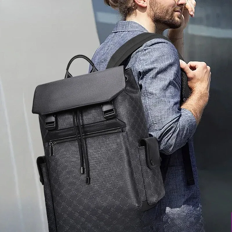 Sac à dos tendance pour hommes, sac pour ordinateur portable 15.6 pouces, sac de voyage de grande capacité, sac d'école imprimé en cuir véritable