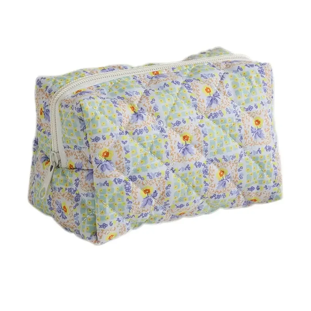trousse de maquillage en coton matelassé, trousse de toilette portable à carreaux avec fermeture éclair, grande capacité, poudres de soin de la peau, voyage