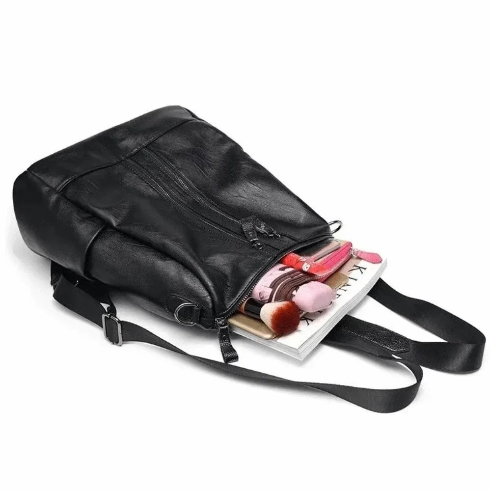 sac à dos en cuir noir, cuir souple, bretelles réglables, style coréen, grande capacité, fermeture à glissière