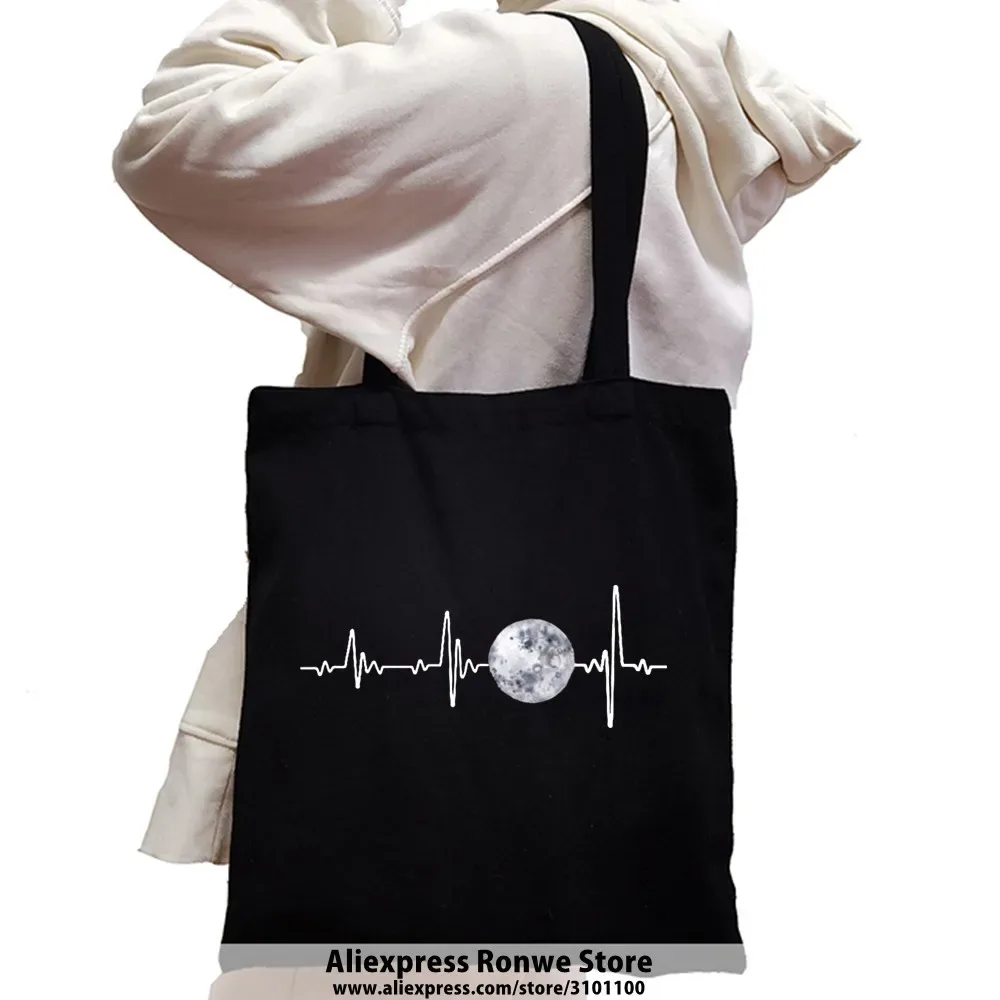 Sac fourre-tout en toile de grande capacité pour femmes, sacs à main noirs pour étudiants initiés, sac à soupe réutilisable, espace féminin, lune, nouveau