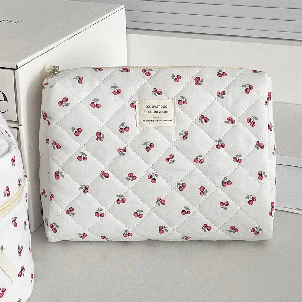 mode cerise fourre-tout femmes sac de maquillage portable mignon dames cosmétique toilette pochette de rangement sac à main coton matelassé sac à fermeture éclair