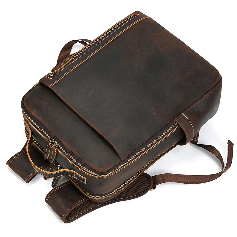 2025 nouveautés sac à dos en cuir pour voyage hommes mâle en cuir de vachette pochette d'ordinateur 15.6 "17 double épaule sac à dos pour homme rétro