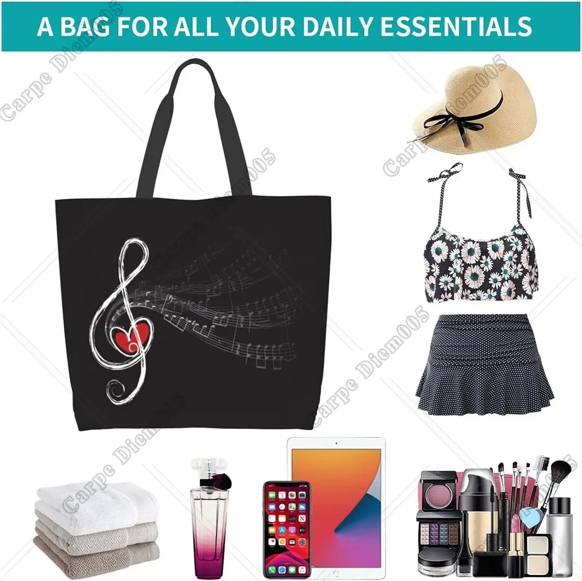 grand sac fourre-tout réutilisable pour femme, sac à main décontracté, sac d'épicerie polyvalent, travail en plein air, marche, notes de musique