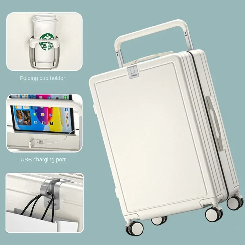 valise multifonctionnelle à roulettes avec poignée large, fermeture éclair, porte-gobelet, port usb, 20 pouces, bagage à main pour voyage