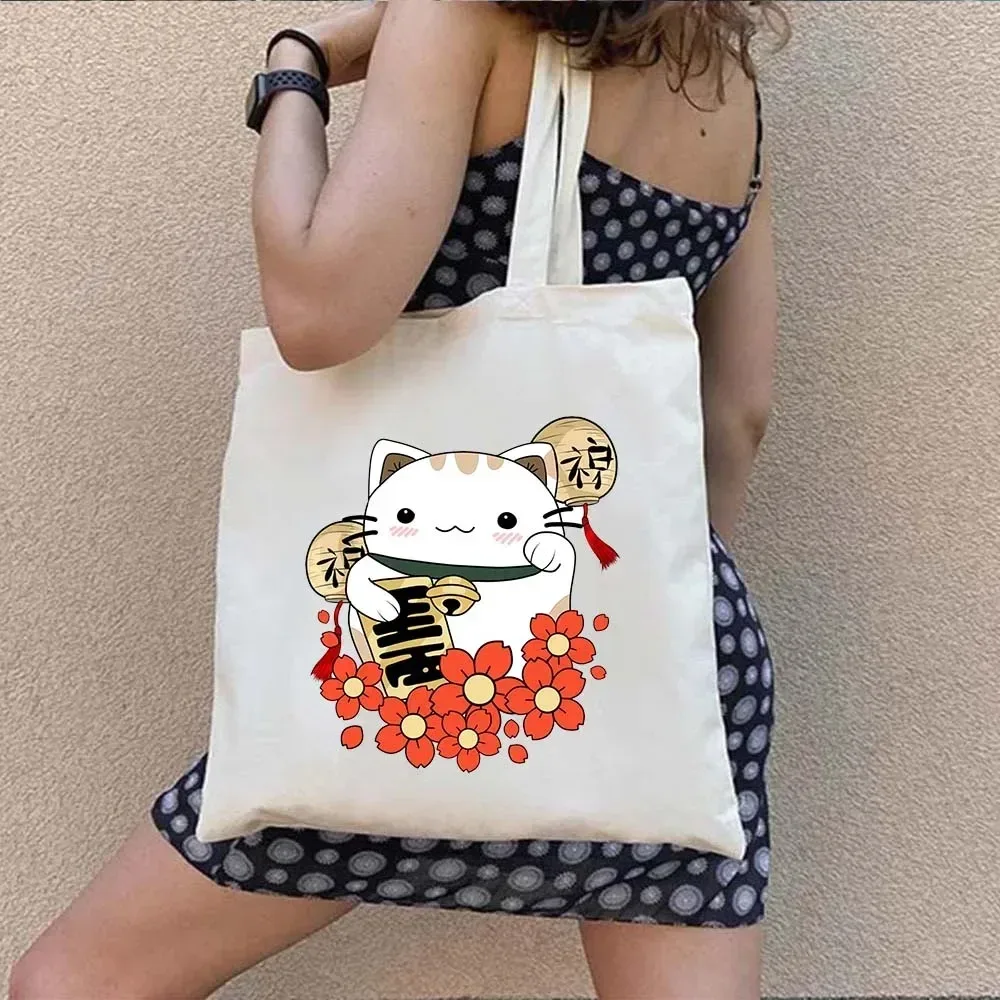 sac fourre-tout en toile à bandoulière pour le shopping, motif maneki neko, chat porte-bonheur japonais mignon, style mont fuji, style japonais, geisha de kyoto, tokyo japon