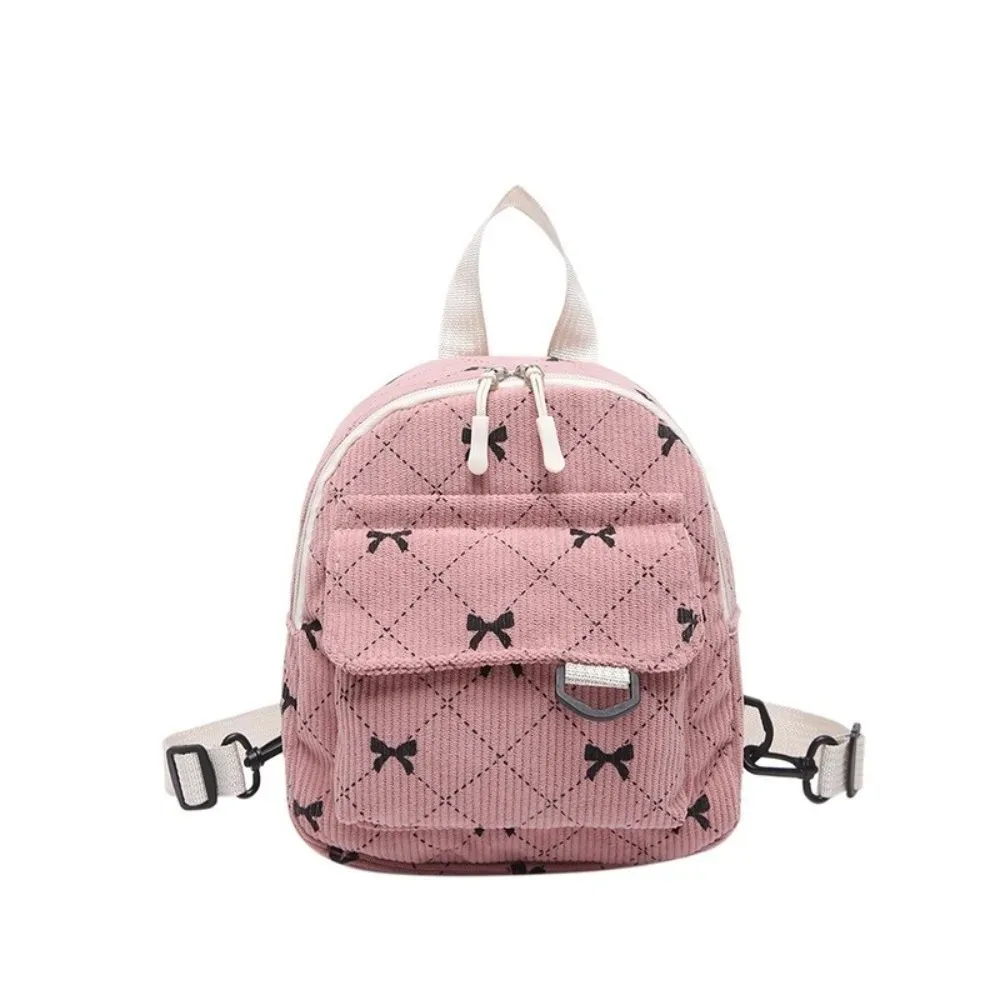 mini sac à dos en velours côtelé avec nœud imprimé, sac à bandoulière léger, sac de rangement cosmétique multi-couches, sac à dos quotidien