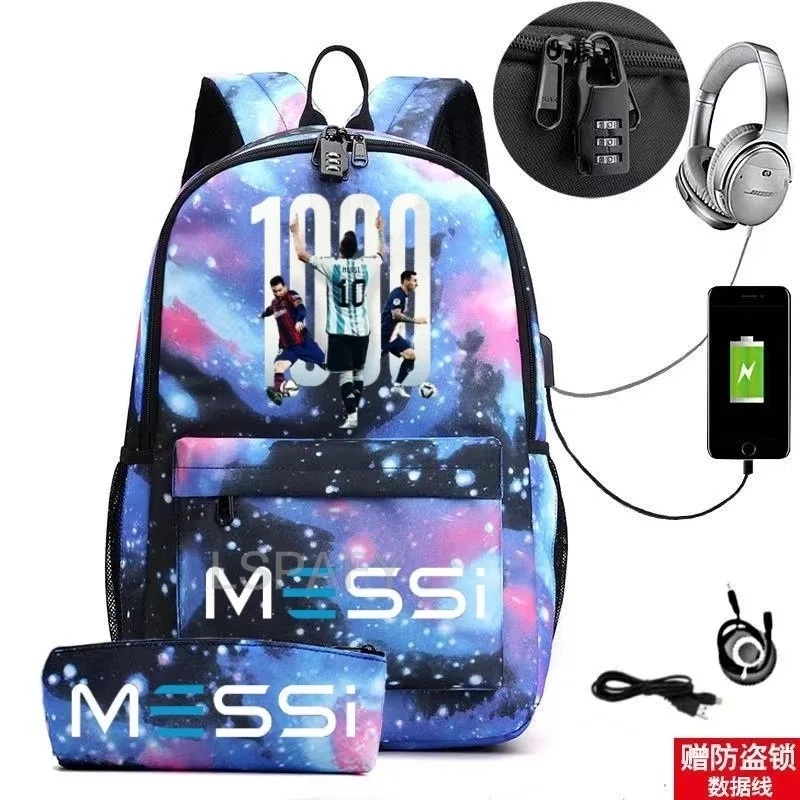 sac à dos messi tendance (lot de 2) – anti-vol, unisexe, simple, pour ordinateur portable, avec port usb, grande capacité, idéal pour les voyages, l'école, les garçons et les filles