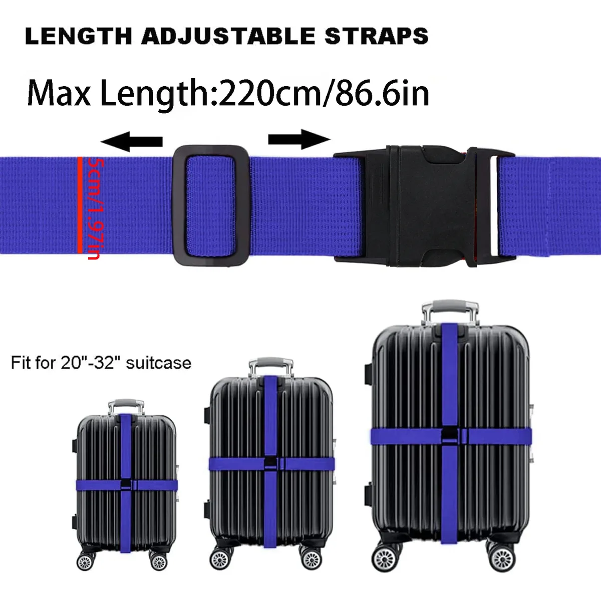 ensemble de 2 pièces (1 sangle de bagage et 1 étiquette), sangle de bagage colorée tsa, corde de bagage, longueur réglable librement pour renforcer les bagages à main, convient aux valises/sacs à main, accessoires d'amélioration des bagages de voyage (identification rapide des bagages), longueur réglable librement pour renforcer les bagages à main, cadeau d'halloween/de noël