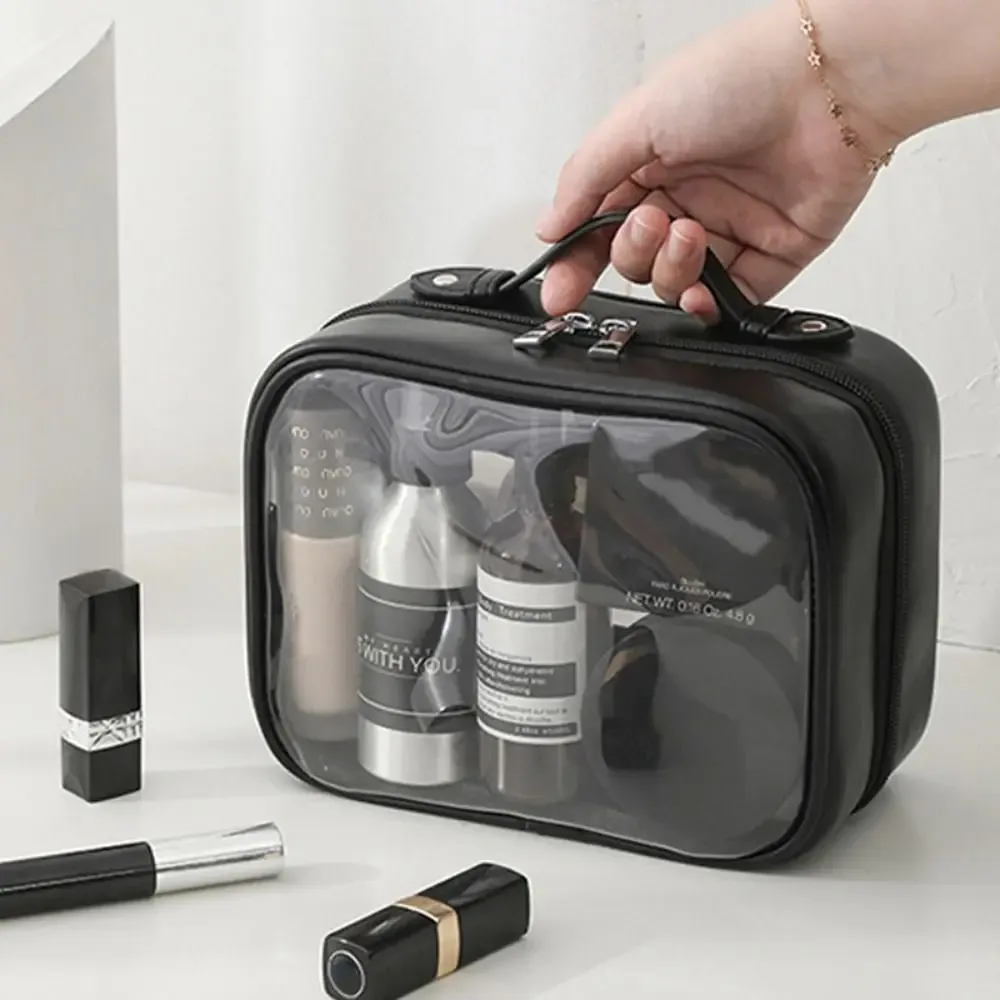 sacs de maquillage transparents double couche de grande capacité, sac à cosmétiques transparent à fermeture éclair, rangement de brosses de maquillage, sacs de toilette de voyage