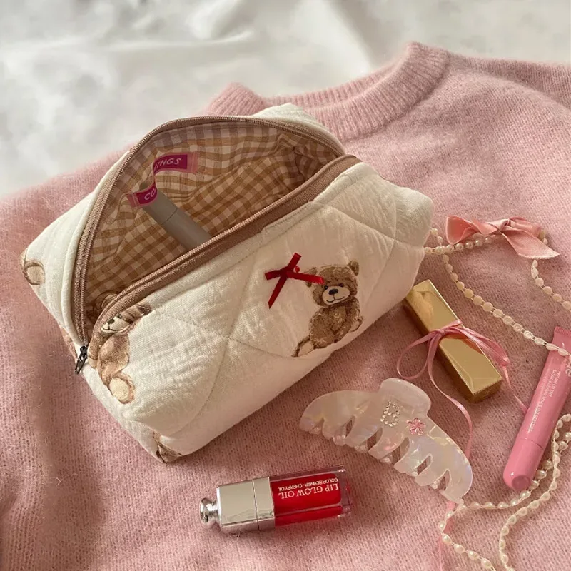 Trousse à cosmétiques pour femmes, trousse de maquillage kawaii Teddy Bear, trousse de rangement pour maquillage, trousse à maquillage imprimée de dessins animés, trousse de maquillage tendance pour femme