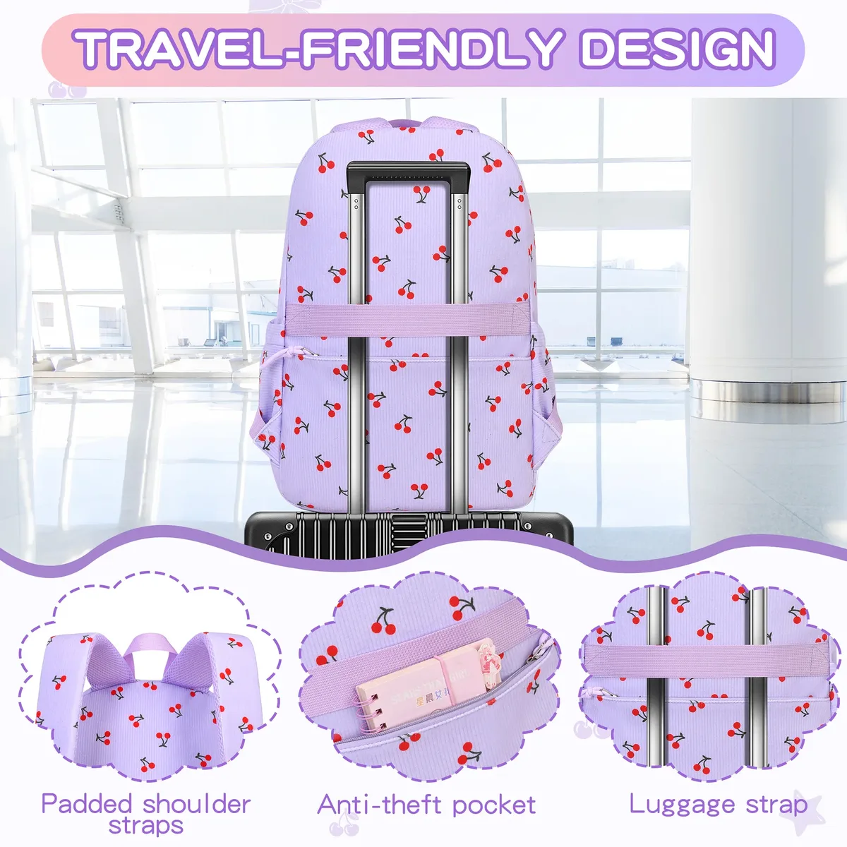 ensemble de 3 pièces : sac à dos scolaire pour filles motif cerise, sac à dos en velours côtelé pour écolière, sac à livres pour enfants, sac à déjeuner et trousse à crayons.