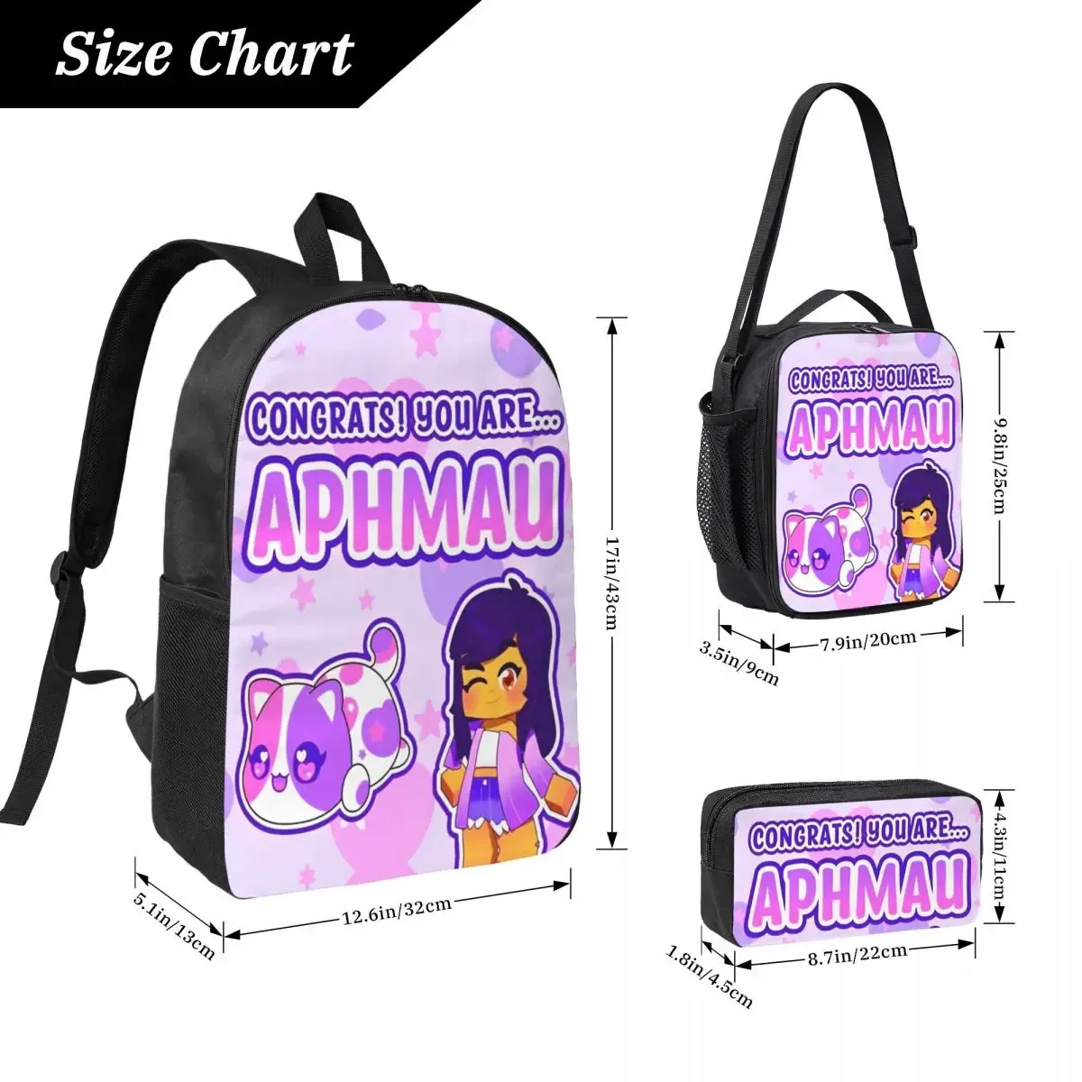 3 pièces aphmau et chats accessoires ensemble de sac à dos pour enfants sacs à stylos ensembles de sacs à livres avec boîte à déjeuner pour les écoliers sac à dos