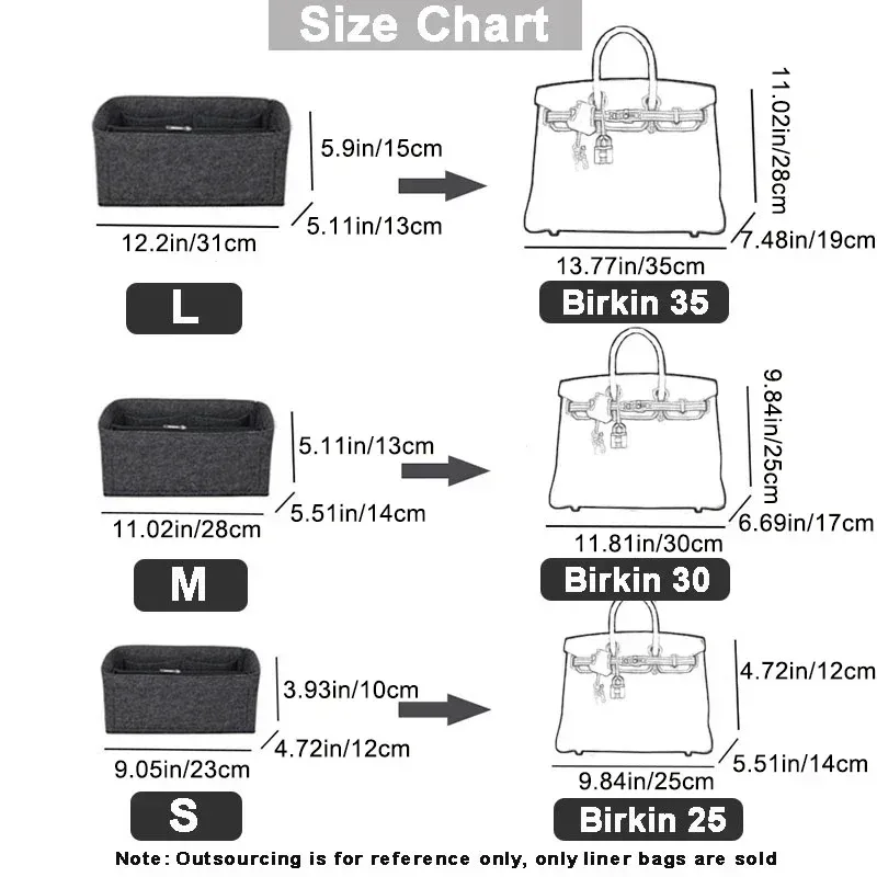 doublure de sac en feutre pour hermès h-birkin, sac à main en feutre pour gril, sac cosmétique, type de support, antichoc, sac de maquillage féminin, 25, 30, 35