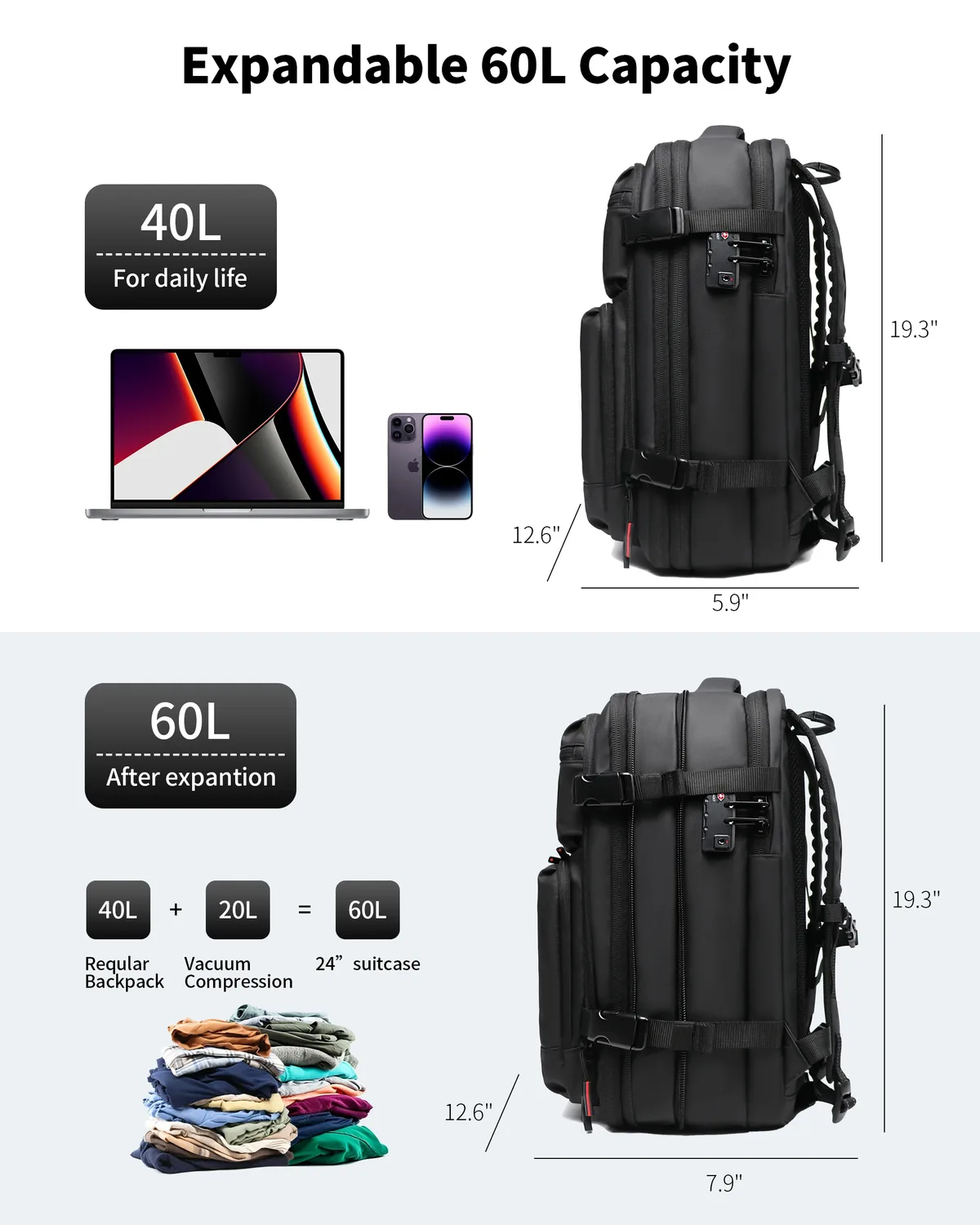 sac à dos de voyage 60l extensible avec système de compression d'air et serrure tsa, bagage cabine