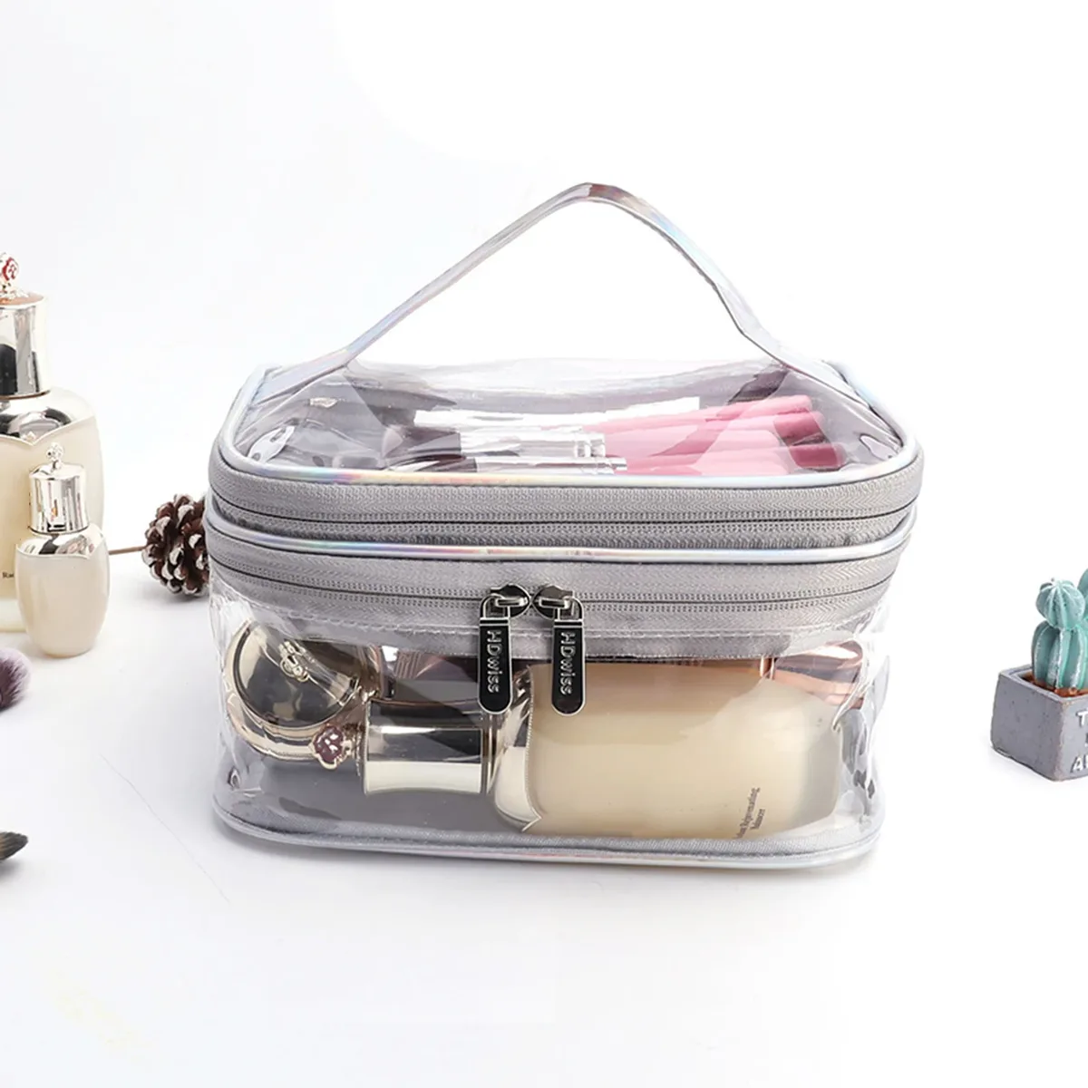 trousse de maquillage transparente avec poignée, trousse de toilette étanche portable, fournitures de rangement de voyage