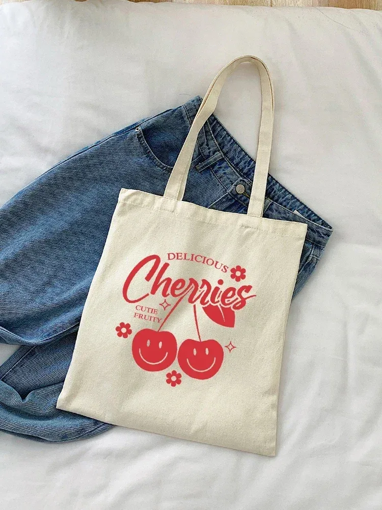sac à bandoulière en toile cerise, 1 pièce, pliable et réutilisable, sac à main d'épicerie en tissu, unisexe pour dames, voyage pour femmes