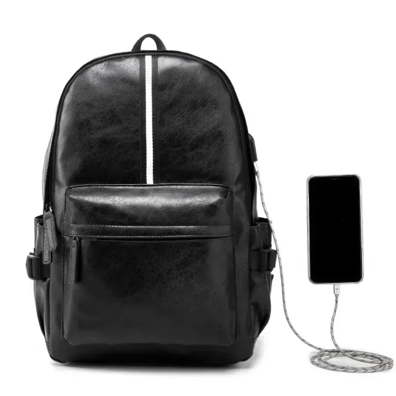 sac à dos rayé à la mode pour hommes, sac de voyage de grande capacité avec usb, sacs à dos en cuir pu souple, cartable d'école pour étudiants