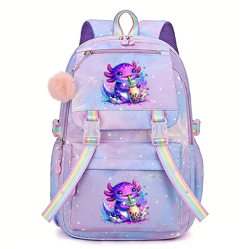 sac à dos imprimé rainbow axolotl boba, grand sac à dos léger, sac d'école mignon de dessin animé pour filles, sac à dos décontracté pour voyage et trajets quotidiens