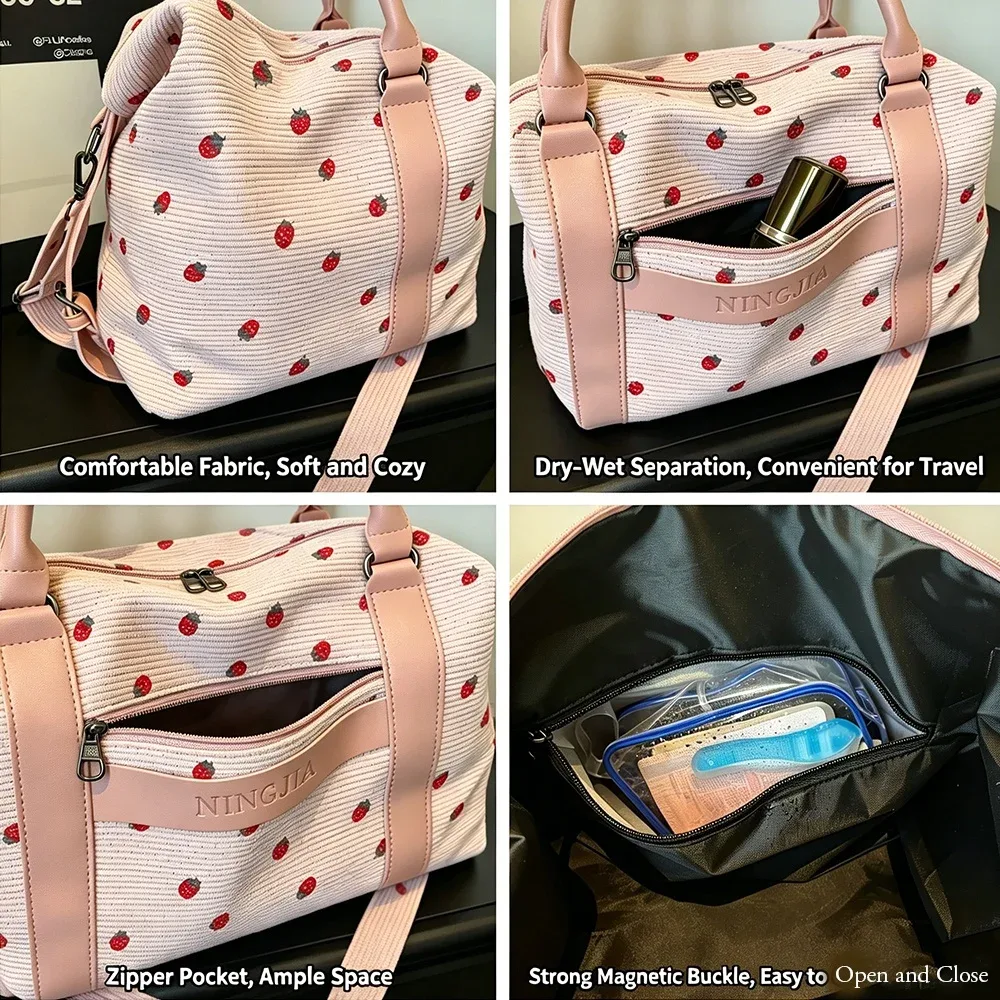sac de voyage en velours côtelé imprimé fraises pour femme, grande capacité, avec compartiment humide/sec, idéal pour le week-end, le sport ou les vacances
