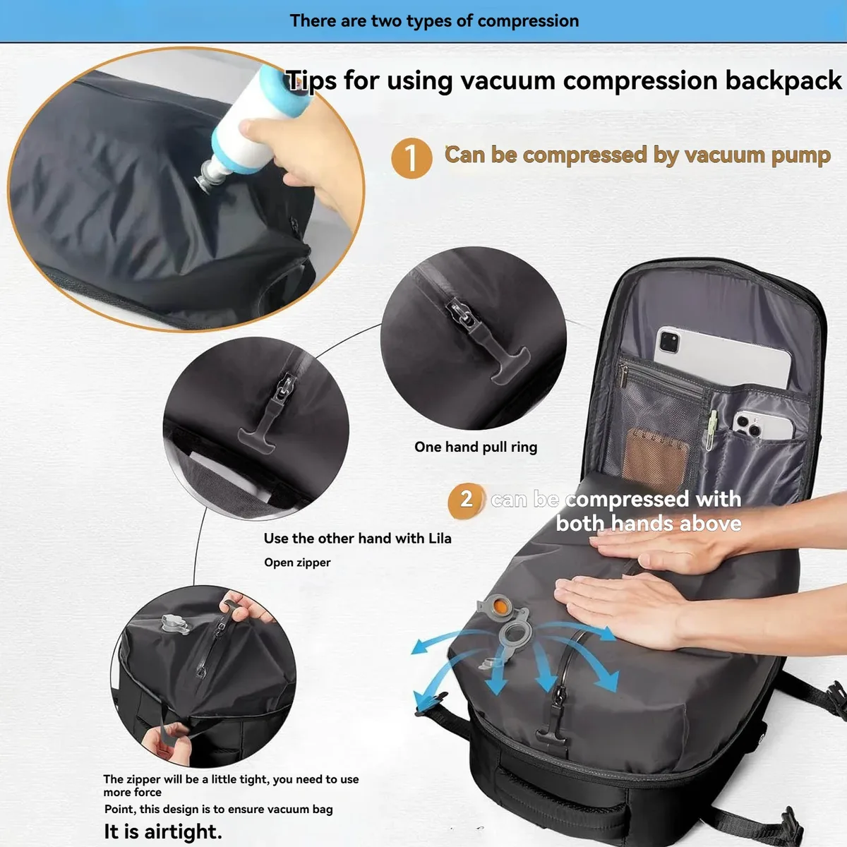 sac à dos de voyage avec pompe à air intégrée sous vide, sac à dos de voyage extensible, équipé d'un système de vide
