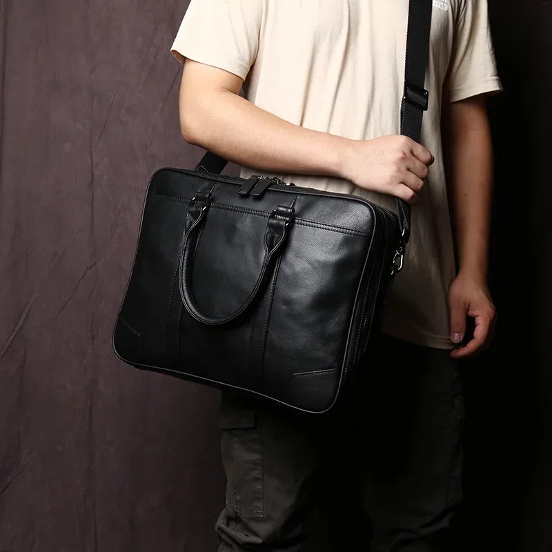 sac à main rétro en cuir véritable pour hommes, mallette messager horizontale de grande capacité, sac d'ordinateur d'affaires en cuir de vache à première couche
