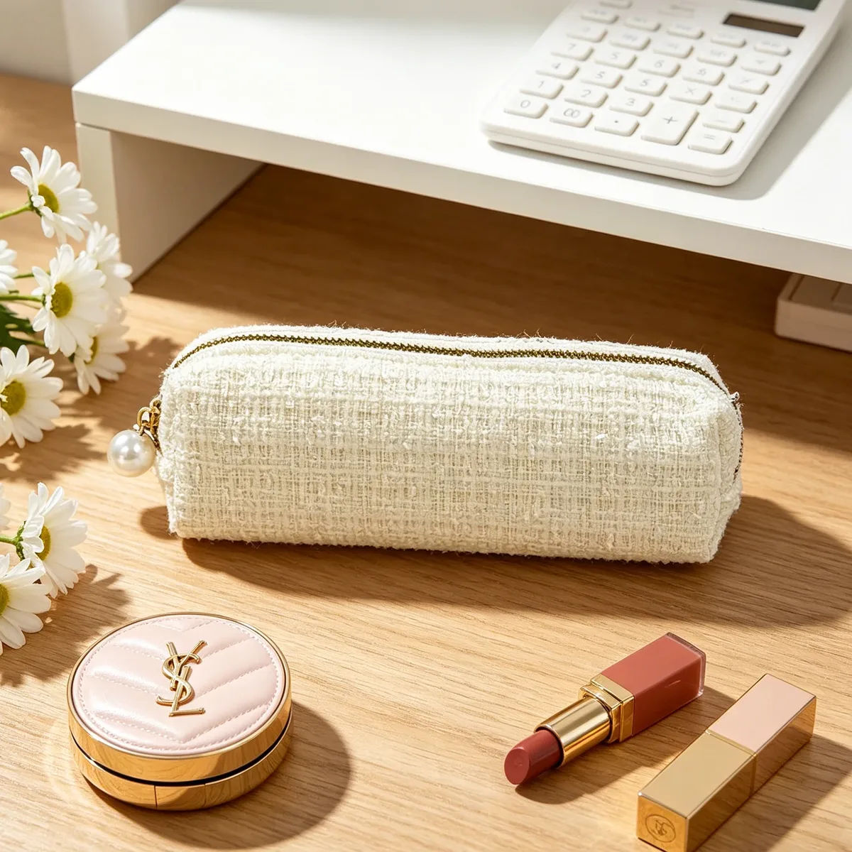 buylemo trousse de maquillage et étui à crayons en coton tweed de luxe, organisateur 2-en-1 style seau pour papeterie et maquillage, rangement minimaliste tendance