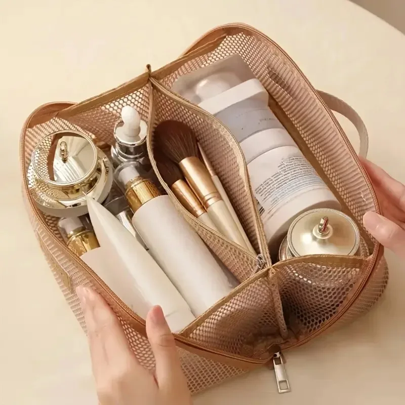 sac de maquillage à main en maille de grande capacité, fermeture éclair, multicouche, maille transparente, sac à cosmétiques, étui de rangement carré